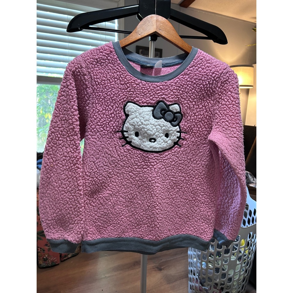 Kids Hello Kitty Sherpa Fleece‎ Pullover Sweatshirt Pink Gray Size Medium